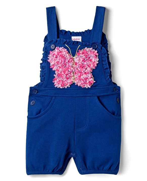 Babyhug Single Jersey Knit Half Sleeves T-Shirt & Dungaree with Polka Dots Print & Butterfly Applique- Pink