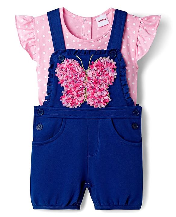 Babyhug Single Jersey Knit Half Sleeves T-Shirt & Dungaree with Polka Dots Print & Butterfly Applique- Pink