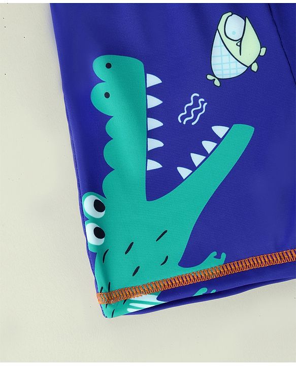 Babyhug Crocodile Printed Swimming Trunk With Cap - Blue