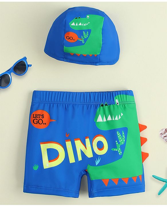 Babyhug Dino Printed Swimming Trunk With Cap - Blue