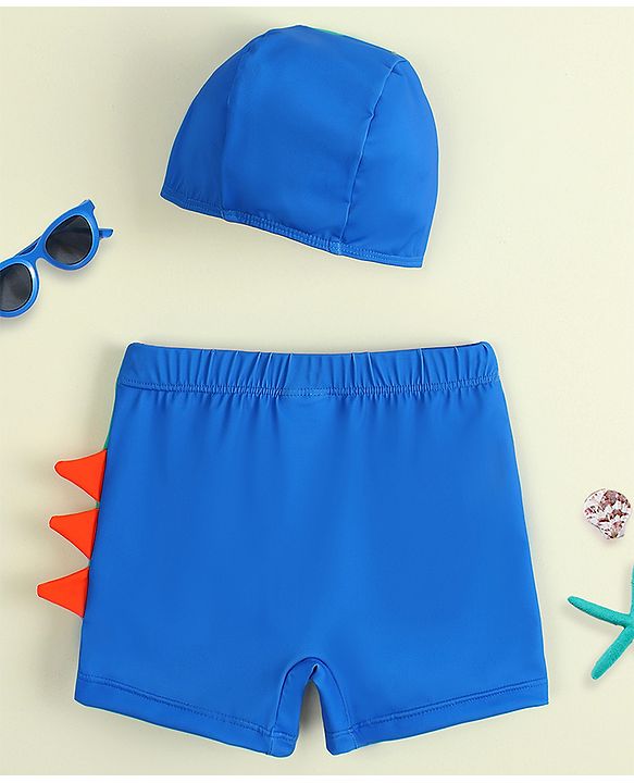 Babyhug Dino Printed Swimming Trunk With Cap - Blue
