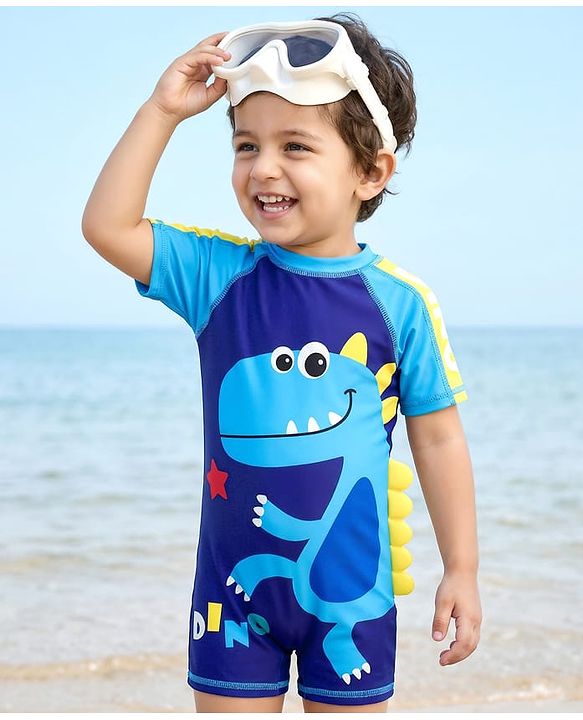 Babyhug Half Raglan Sleeves Legged Swimsuit with Dino Print - Blue
