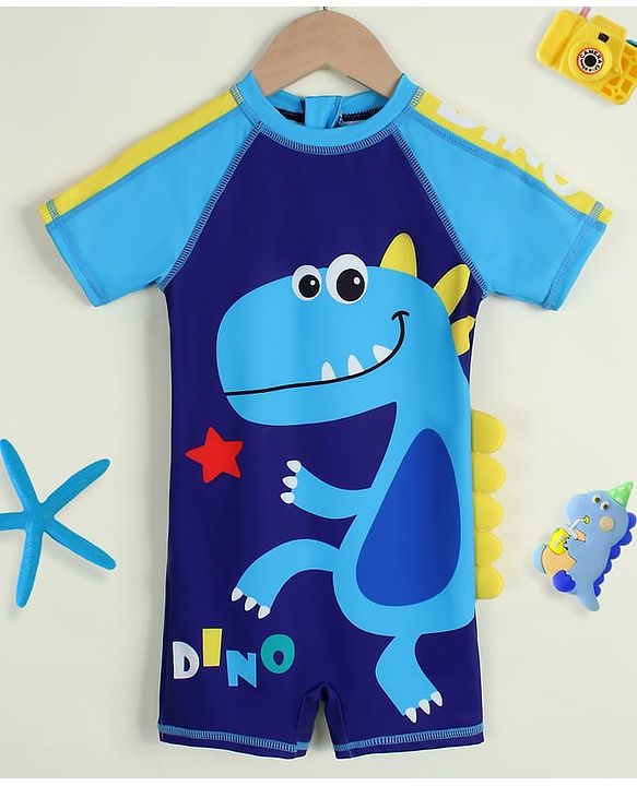 Babyhug Half Raglan Sleeves Legged Swimsuit with Dino Print - Blue