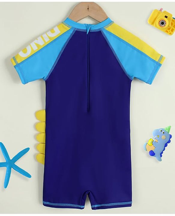Babyhug Half Raglan Sleeves Legged Swimsuit with Dino Print - Blue