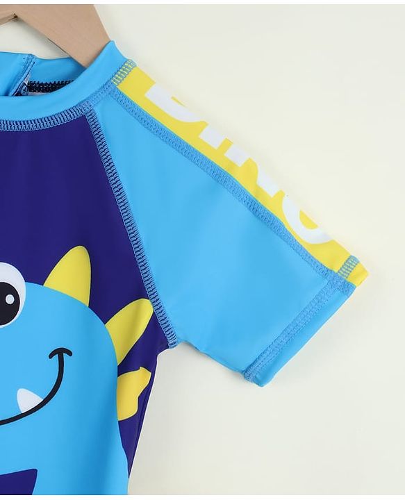 Babyhug Half Raglan Sleeves Legged Swimsuit with Dino Print - Blue