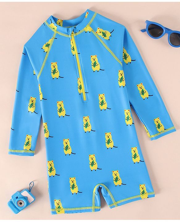 Babyhug Raglan Full Sleeves Bear Printed Legged Swimsuit - Light Blue