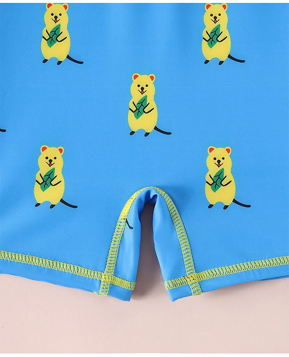 Babyhug Raglan Full Sleeves Bear Printed Legged Swimsuit - Light Blue
