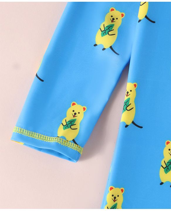 Babyhug Raglan Full Sleeves Bear Printed Legged Swimsuit - Light Blue