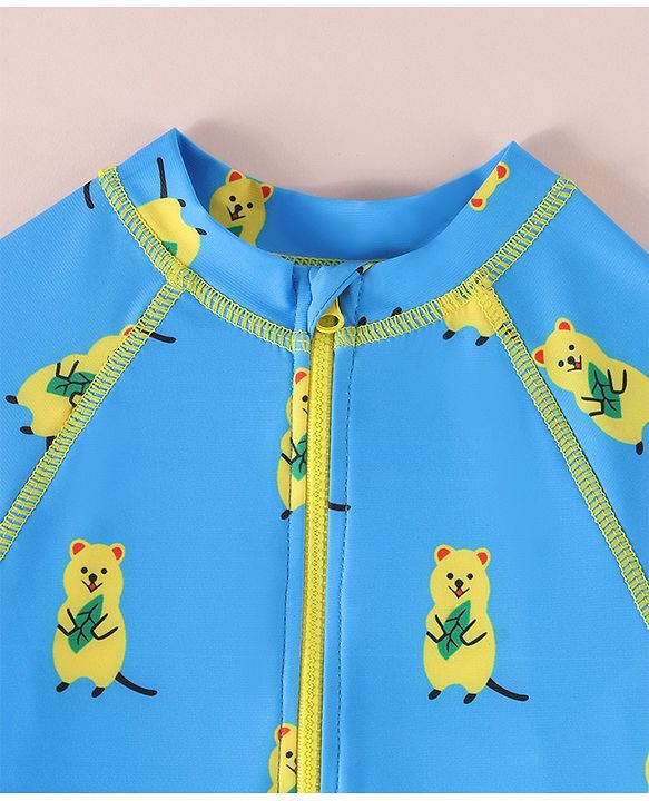 Babyhug Raglan Full Sleeves Bear Printed Legged Swimsuit - Light Blue