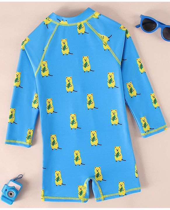 Babyhug Raglan Full Sleeves Bear Printed Legged Swimsuit - Light Blue