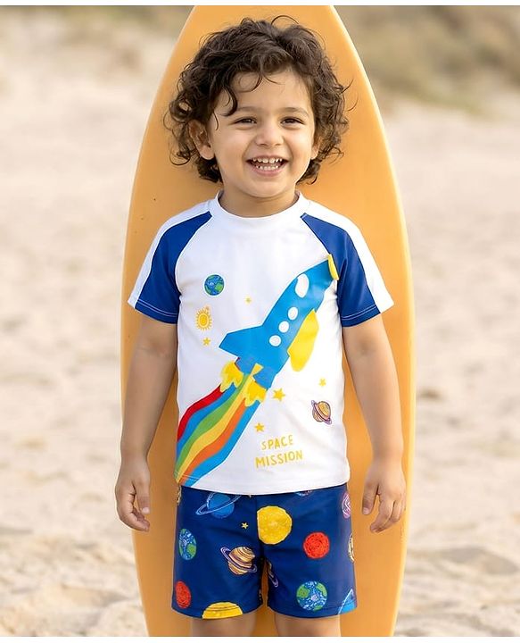Babyhug Raglan Half Sleeves Space Theme Printed Two Piece Swimsuit - White