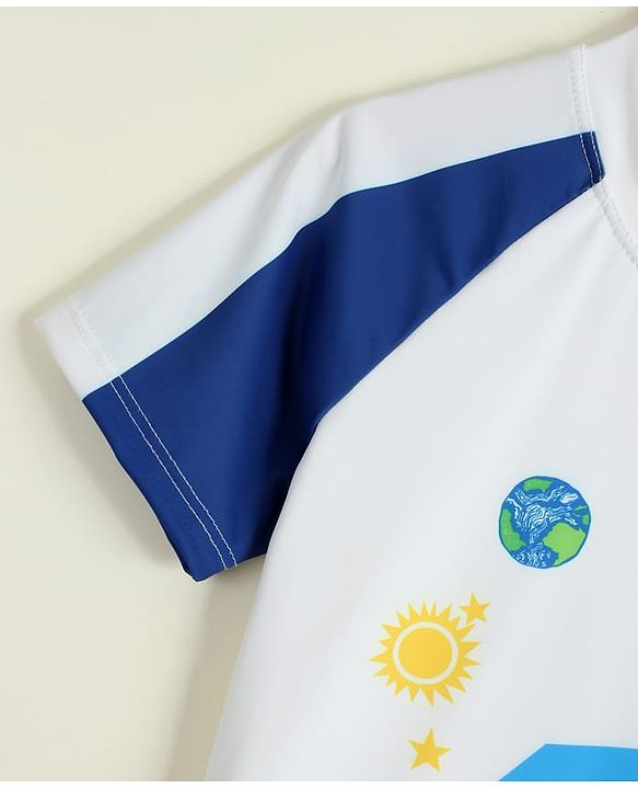 Babyhug Raglan Half Sleeves Space Theme Printed Two Piece Swimsuit - White