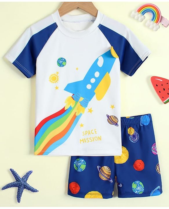 Babyhug Raglan Half Sleeves Space Theme Printed Two Piece Swimsuit - White