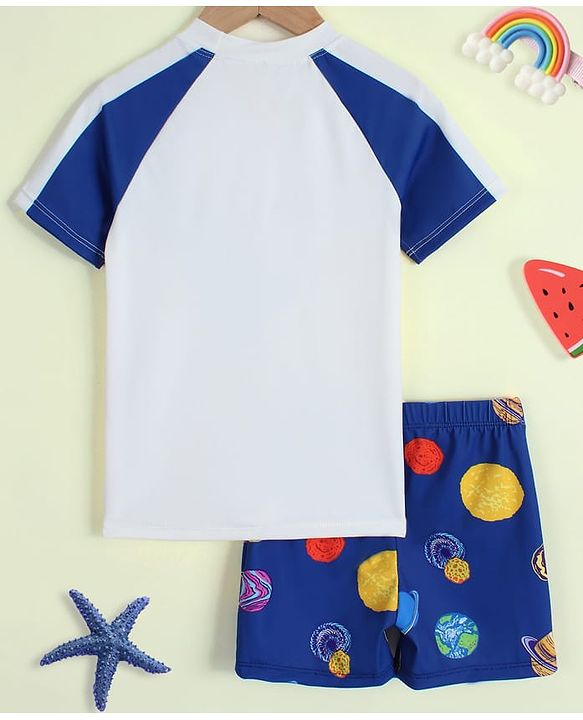 Babyhug Raglan Half Sleeves Space Theme Printed Two Piece Swimsuit - White