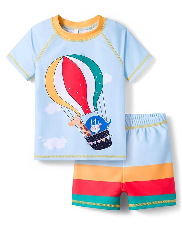 Babyhug Half Sleeves Two Piece Swimsuit with Hot Air Balloon Print - Light Blue