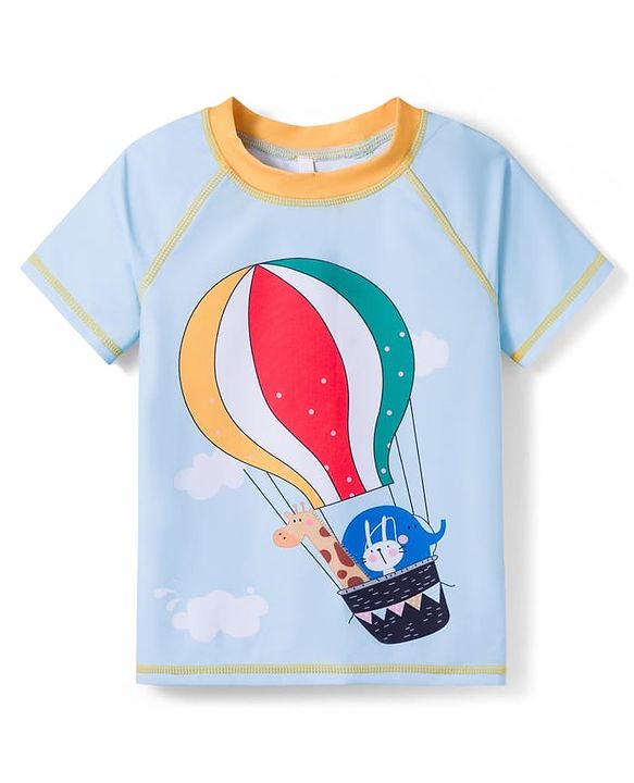 Babyhug Half Sleeves Two Piece Swimsuit with Hot Air Balloon Print - Light Blue