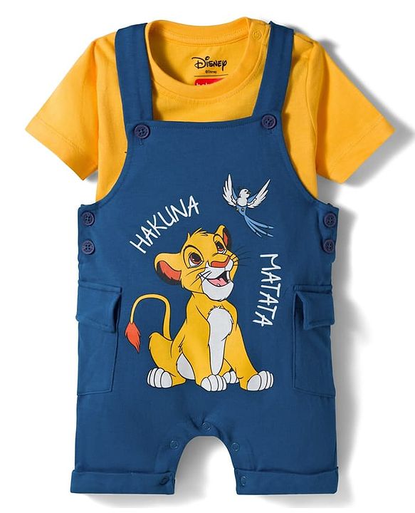 Babyhug Disney Single Jersey Knit Dungaree & Half Sleeves Inner Tee With Lion King Graphics - Blue & Yellow
