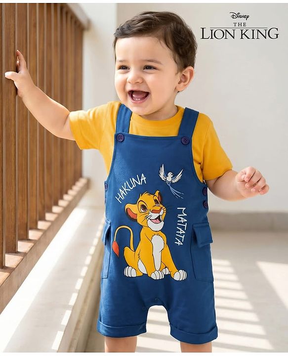 Babyhug Disney Single Jersey Knit Dungaree & Half Sleeves Inner Tee With Lion King Graphics - Blue & Yellow