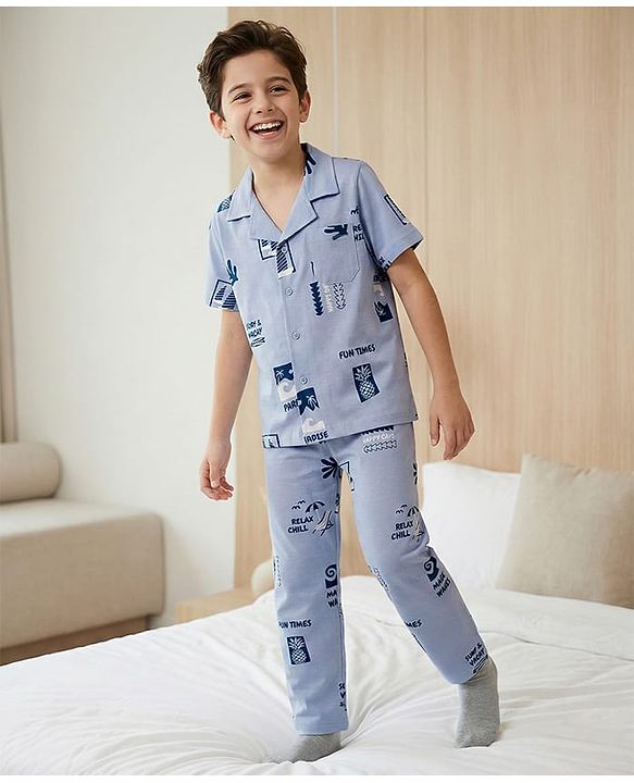 Pine Kids Single Jersey Knit Half Sleeves Shirt & Pyjama Co-ord Night Suit With Beach Theme Print - Blue