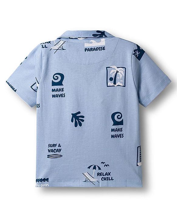 Pine Kids Single Jersey Knit Half Sleeves Shirt & Pyjama Co-ord Night Suit With Beach Theme Print - Blue