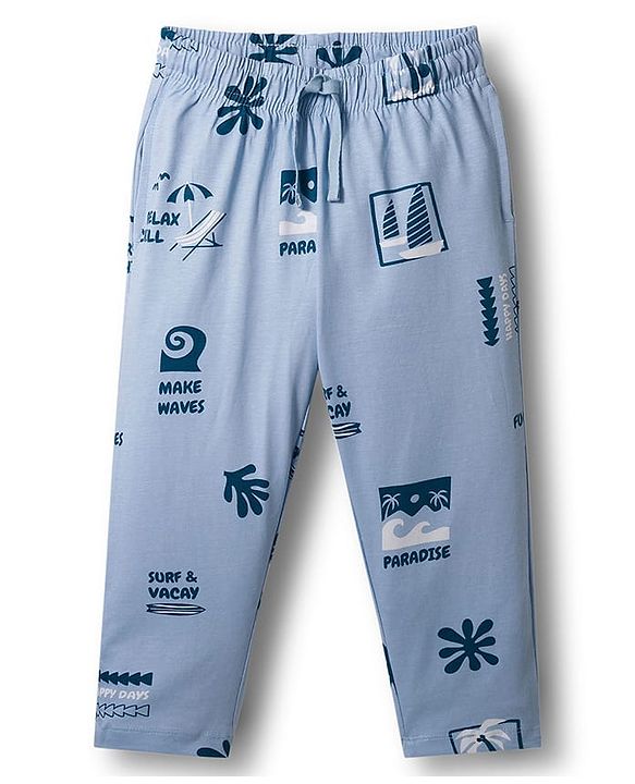 Pine Kids Single Jersey Knit Half Sleeves Shirt & Pyjama Co-ord Night Suit With Beach Theme Print - Blue