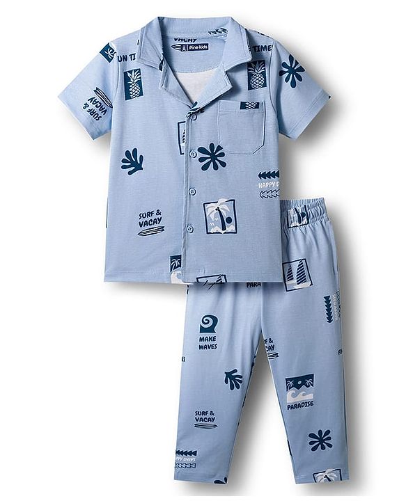 Pine Kids Single Jersey Knit Half Sleeves Shirt & Pyjama Co-ord Night Suit With Beach Theme Print - Blue