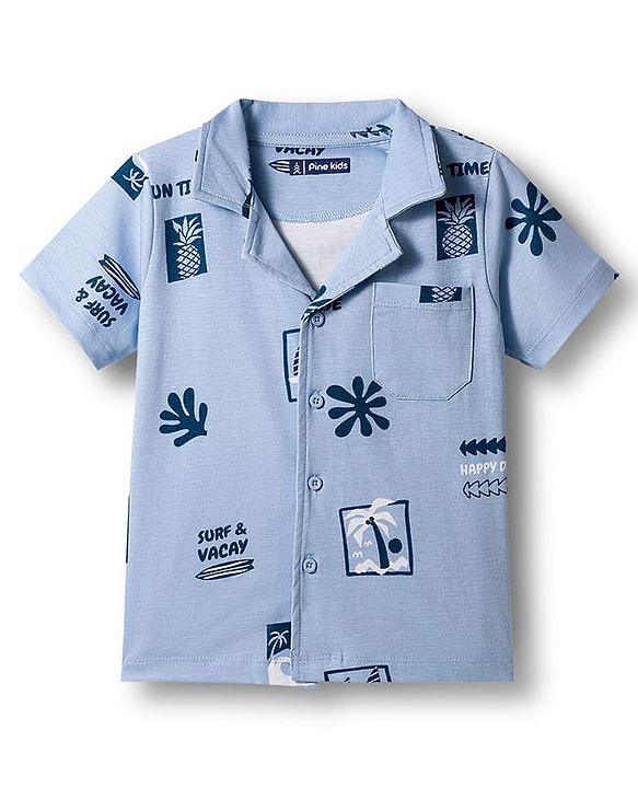 Pine Kids Single Jersey Knit Half Sleeves Shirt & Pyjama Co-ord Night Suit With Beach Theme Print - Blue