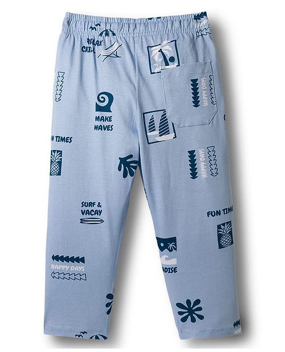 Pine Kids Single Jersey Knit Half Sleeves Shirt & Pyjama Co-ord Night Suit With Beach Theme Print - Blue