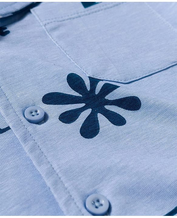 Pine Kids Single Jersey Knit Half Sleeves Shirt & Pyjama Co-ord Night Suit With Beach Theme Print - Blue