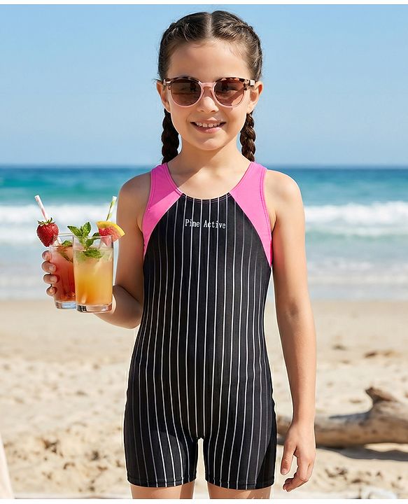 Pine Active Sleeveless Striped Legged Swimsuit - Black