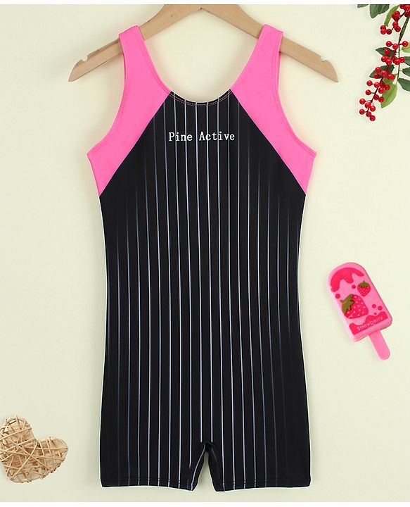 Pine Active Sleeveless Striped Legged Swimsuit - Black