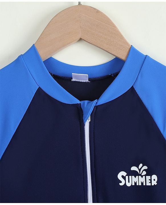 Pine Active Half Raglan Sleeves Text Printed Cut & Sew Legged Swimsuit - Navy Blue