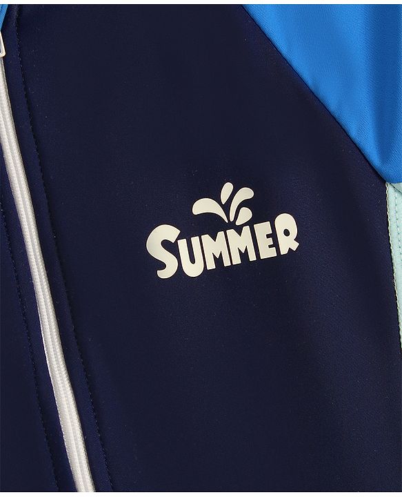 Pine Active Half Raglan Sleeves Text Printed Cut & Sew Legged Swimsuit - Navy Blue