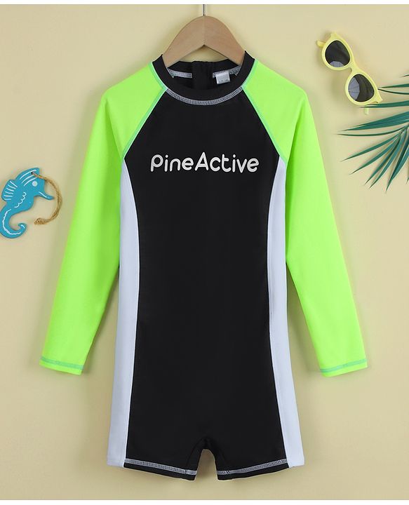 Pine Active Full Raglan Sleeves Printe Legged Swimsuit - Green