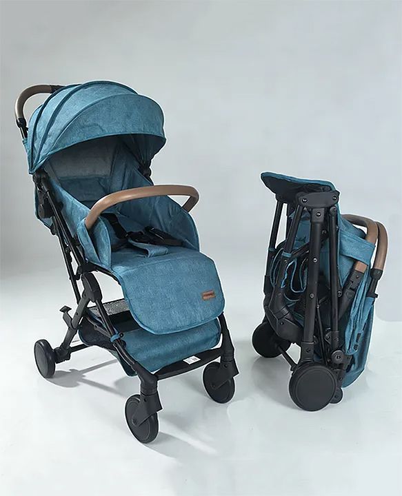 Babyhug Compact Fold Baby Stroller with Trolley Handle & Linked Brake | One-Hand Fold| 5-Point Harness| Multi-Recline Seat| Shock Absorbing Wheels| Concealed Linked Brake  Blue