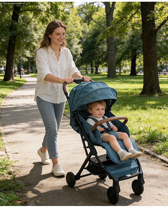 Babyhug Compact Fold Baby Stroller with Trolley Handle & Linked Brake | One-Hand Fold| 5-Point Harness| Multi-Recline Seat| Shock Absorbing Wheels| Concealed Linked Brake  Blue