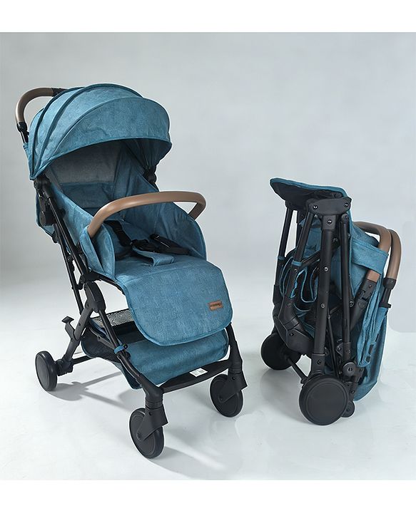Babyhug Compact Fold Baby Stroller with Trolley Handle & Linked Brake | One-Hand Fold| 5-Point Harness| Multi-Recline Seat| Shock Absorbing Wheels| Concealed Linked Brake  Blue