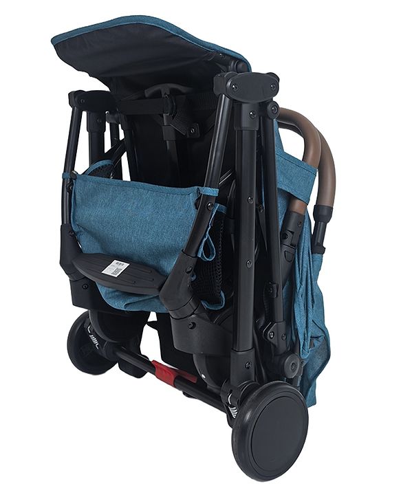 Babyhug Compact Fold Baby Stroller with Trolley Handle & Linked Brake | One-Hand Fold| 5-Point Harness| Multi-Recline Seat| Shock Absorbing Wheels| Concealed Linked Brake  Blue