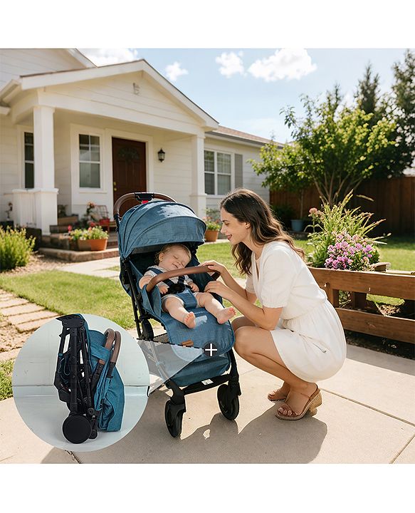 Babyhug Compact Fold Baby Stroller with Trolley Handle & Linked Brake | One-Hand Fold| 5-Point Harness| Multi-Recline Seat| Shock Absorbing Wheels| Concealed Linked Brake  Blue