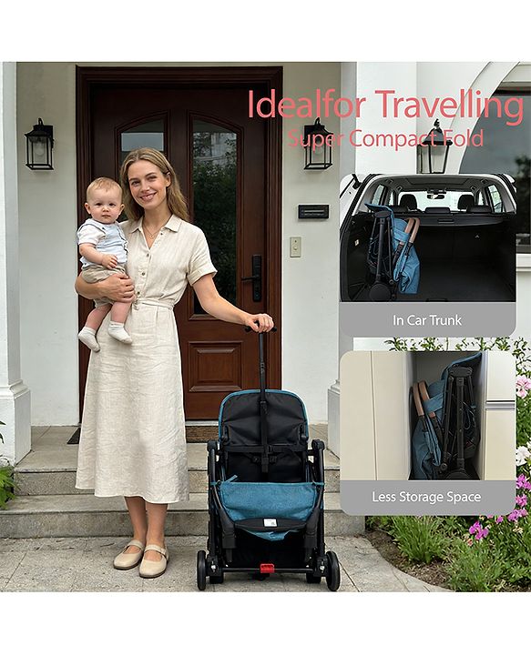 Babyhug Compact Fold Baby Stroller with Trolley Handle & Linked Brake | One-Hand Fold| 5-Point Harness| Multi-Recline Seat| Shock Absorbing Wheels| Concealed Linked Brake  Blue