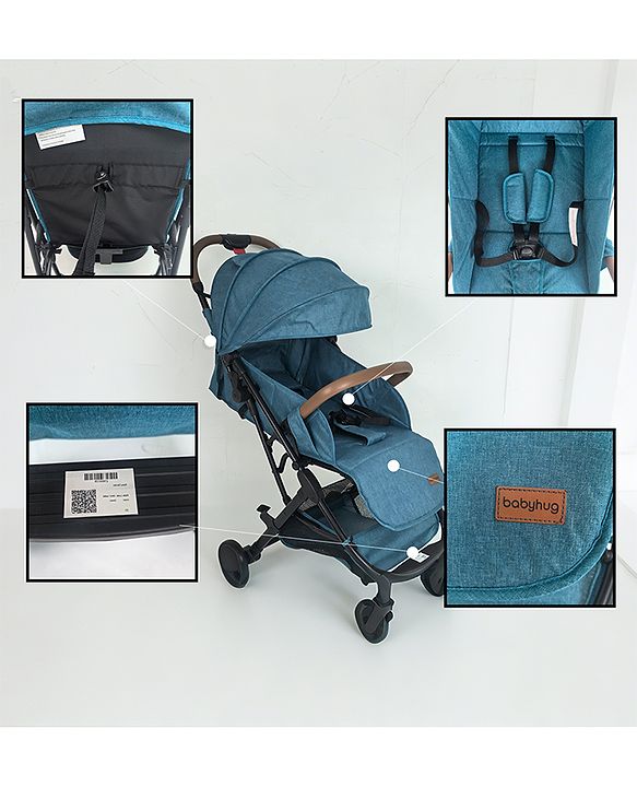 Babyhug Compact Fold Baby Stroller with Trolley Handle & Linked Brake | One-Hand Fold| 5-Point Harness| Multi-Recline Seat| Shock Absorbing Wheels| Concealed Linked Brake  Blue