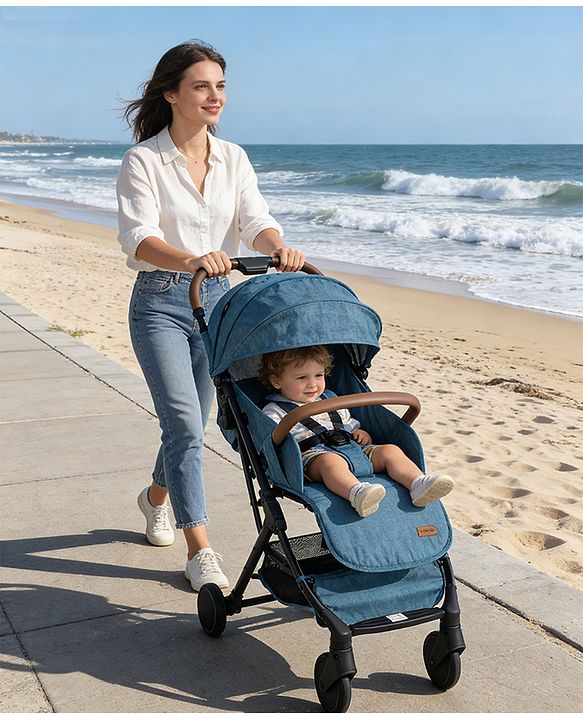 Babyhug Compact Fold Baby Stroller with Trolley Handle & Linked Brake | One-Hand Fold| 5-Point Harness| Multi-Recline Seat| Shock Absorbing Wheels| Concealed Linked Brake  Blue