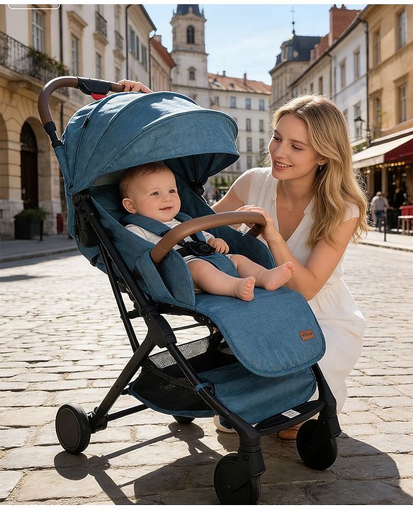 Babyhug Compact Fold Baby Stroller with Trolley Handle & Linked Brake | One-Hand Fold| 5-Point Harness| Multi-Recline Seat| Shock Absorbing Wheels| Concealed Linked Brake  Blue