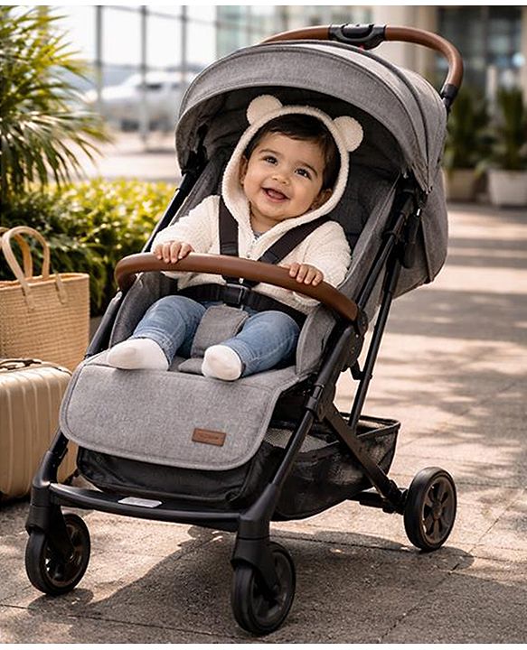 Babyhug Compact Fold Baby Stroller with Trolley Handle & Linked Brake | One-Hand Fold| 5-Point Harness| Multi-Recline Seat| Shock Absorbing Wheels| Concealed Linked Brake  Blue