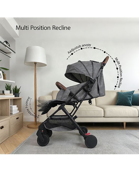Babyhug Compact Fold Baby Stroller with Trolley Handle & Linked Brake | One-Hand Fold| 5-Point Harness| Multi-Recline Seat| Shock Absorbing Wheels| Concealed Linked Brake  Blue