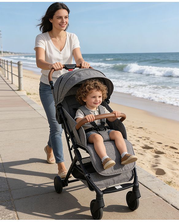 Babyhug Compact Fold Baby Stroller with Trolley Handle & Linked Brake | One-Hand Fold| 5-Point Harness| Multi-Recline Seat| Shock Absorbing Wheels| Concealed Linked Brake  Blue