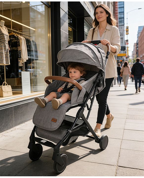 Babyhug Compact Fold Baby Stroller with Trolley Handle & Linked Brake | One-Hand Fold| 5-Point Harness| Multi-Recline Seat| Shock Absorbing Wheels| Concealed Linked Brake  Blue