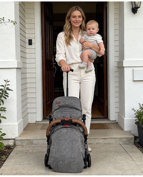 Babyhug Compact Fold Baby Stroller with Trolley Handle & Linked Brake | One-Hand Fold| 5-Point Harness| Multi-Recline Seat| Shock Absorbing Wheels| Concealed Linked Brake  Blue