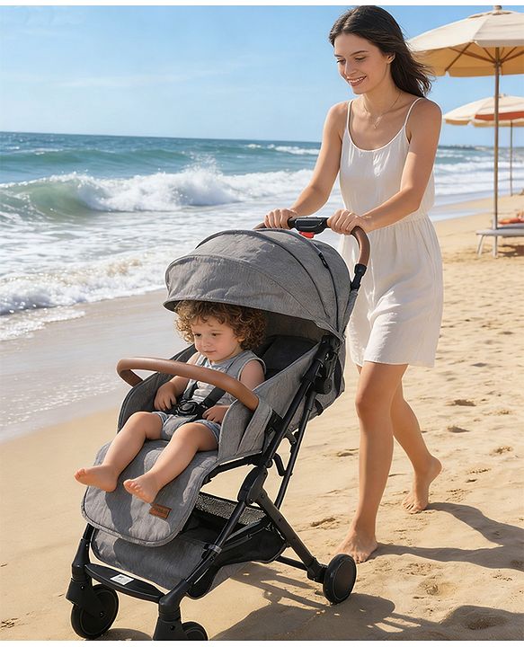 Babyhug Compact Fold Baby Stroller with Trolley Handle & Linked Brake | One-Hand Fold| 5-Point Harness| Multi-Recline Seat| Shock Absorbing Wheels| Concealed Linked Brake  Blue