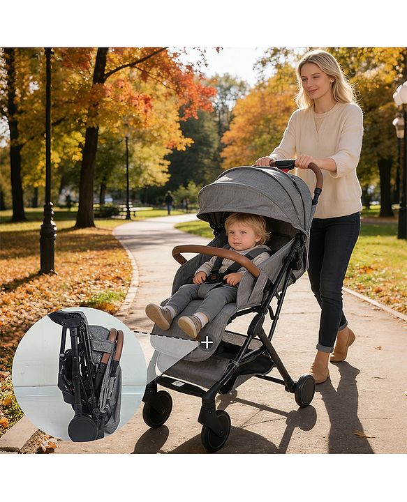 Babyhug Compact Fold Baby Stroller with Trolley Handle & Linked Brake | One-Hand Fold| 5-Point Harness| Multi-Recline Seat| Shock Absorbing Wheels| Concealed Linked Brake  Blue